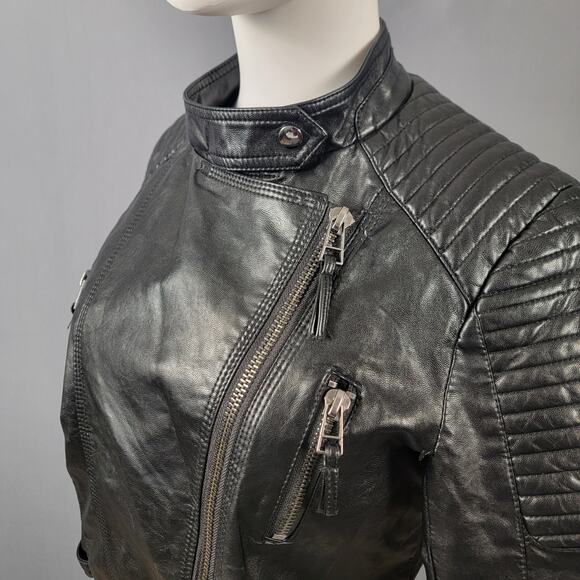 AFTF Basic Black Faux Leather Moto Jacket Quilted Biker Style - Picture 8 of 15
